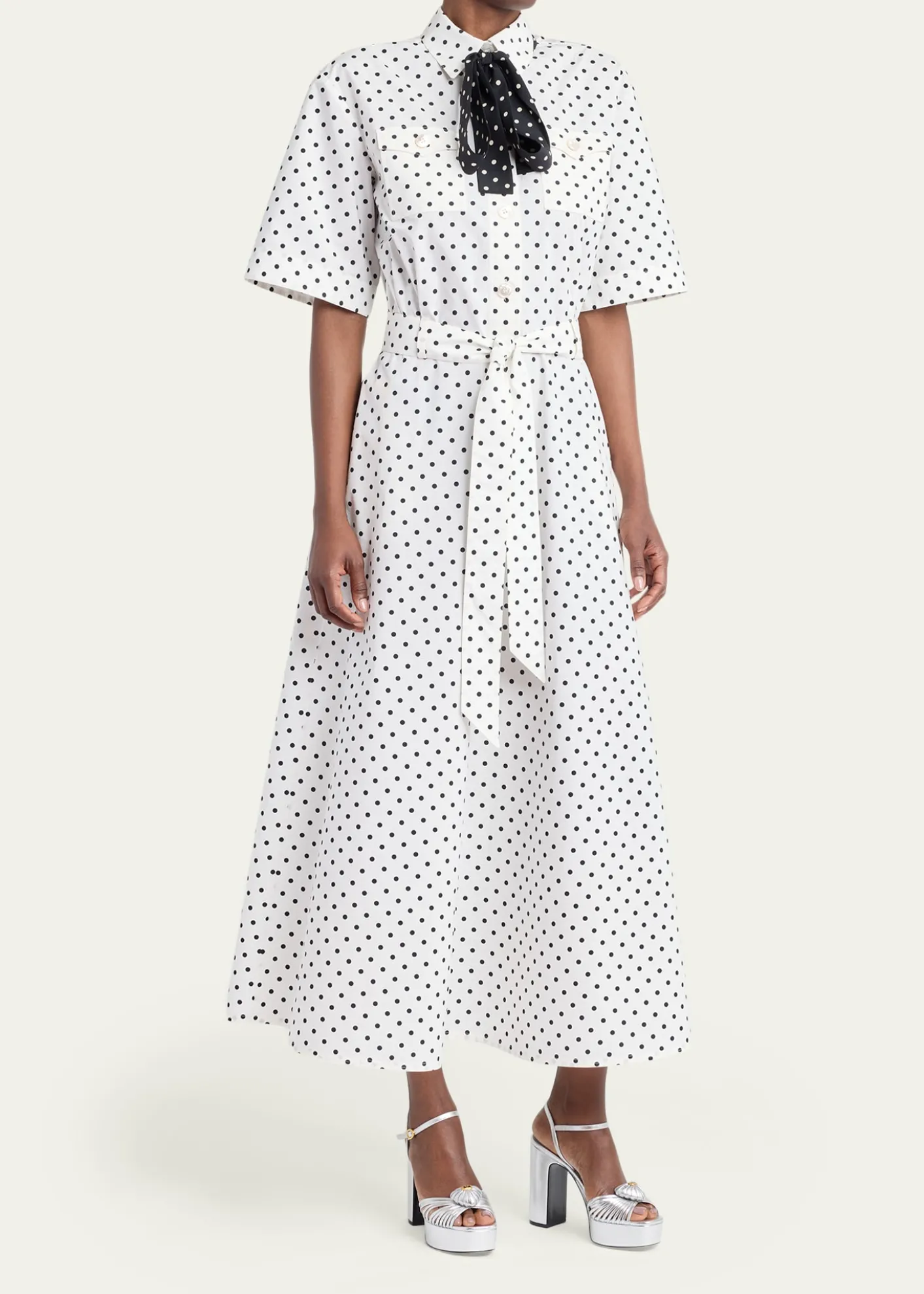 Valentino GaravaniPolkadot-Print Cotton Neck-Scarf Midi Shirtdress