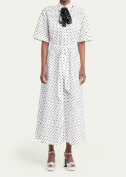 Valentino GaravaniPolkadot-Print Cotton Neck-Scarf Midi Shirtdress