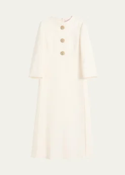Valentino GaravaniQuarter-Sleeve Brooch Wool Midi Dress