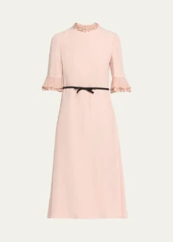 Valentino GaravaniRuffle 3/4-Sleeve Bow Midi Dress