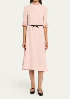 Valentino GaravaniRuffle 3/4-Sleeve Bow Midi Dress