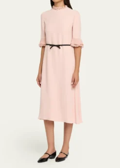 Valentino GaravaniRuffle 3/4-Sleeve Bow Midi Dress