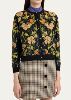 Valentino GaravaniSequined Floral Embroidered Crewneck Cardigan