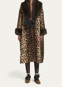 Valentino GaravaniSheep Shearling-Trim Leopard-Print Wool Oversized Coat