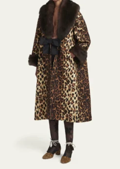 Valentino GaravaniSheep Shearling-Trim Leopard-Print Wool Oversized Coat