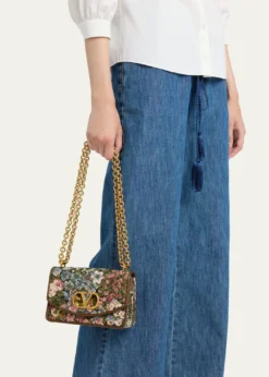 Valentino GaravaniSmall Floral Woven Leather-Trim Shoulder Bag