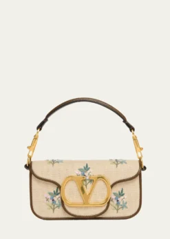 Valentino GaravaniSmall Floral-Embroidered Woven Flax Shoulder Bag