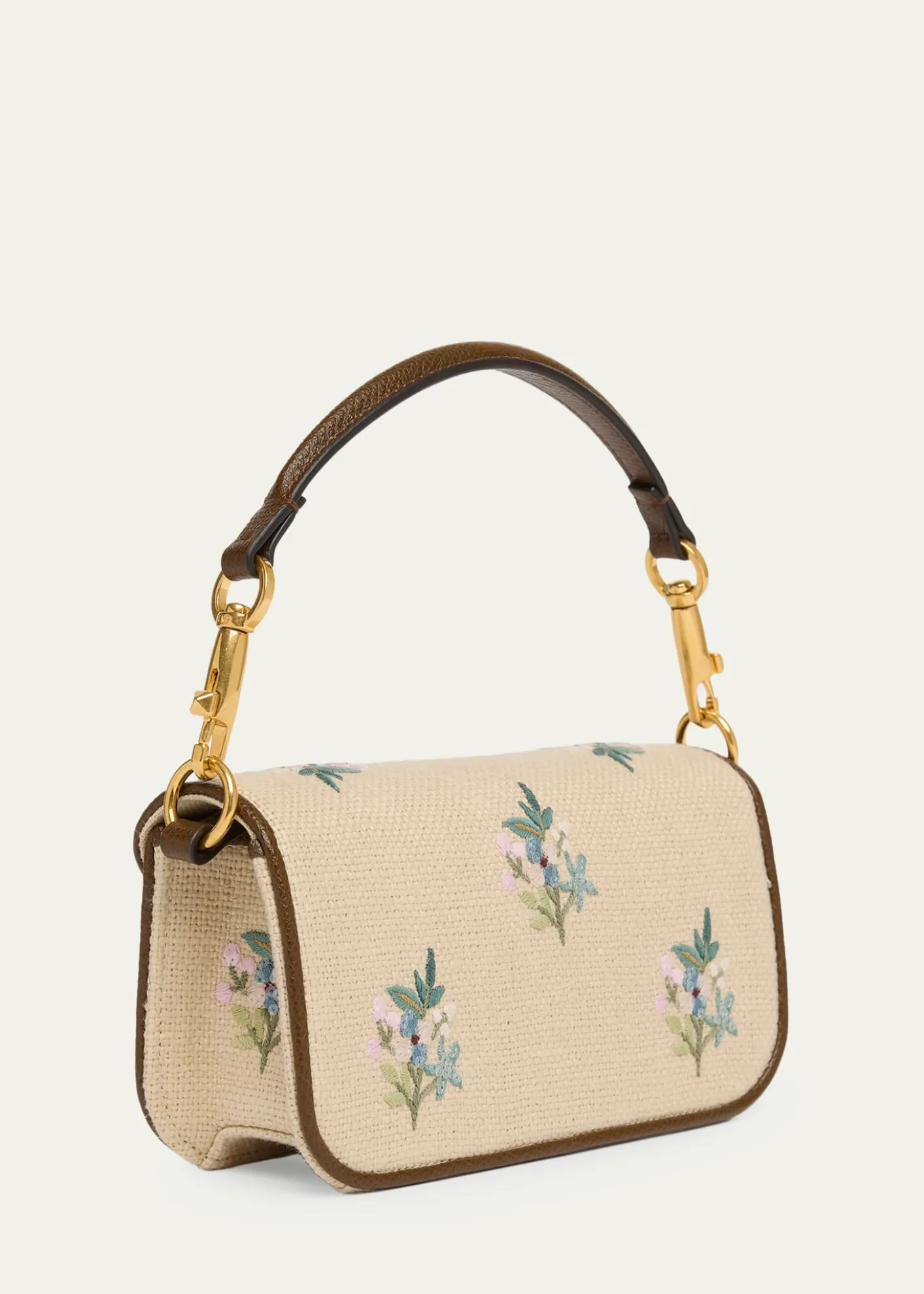 Valentino GaravaniSmall Floral-Embroidered Woven Flax Shoulder Bag