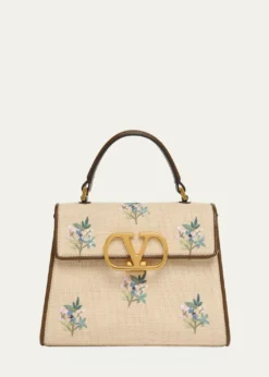 Valentino GaravaniSmall Floral-Embroidered Woven Flax Top-Handle Bag
