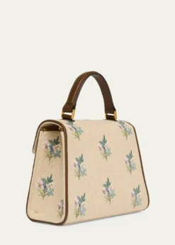 Valentino GaravaniSmall Floral-Embroidered Woven Flax Top-Handle Bag