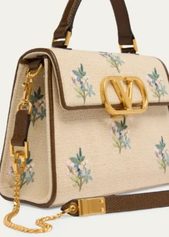 Valentino GaravaniSmall Floral-Embroidered Woven Flax Top-Handle Bag