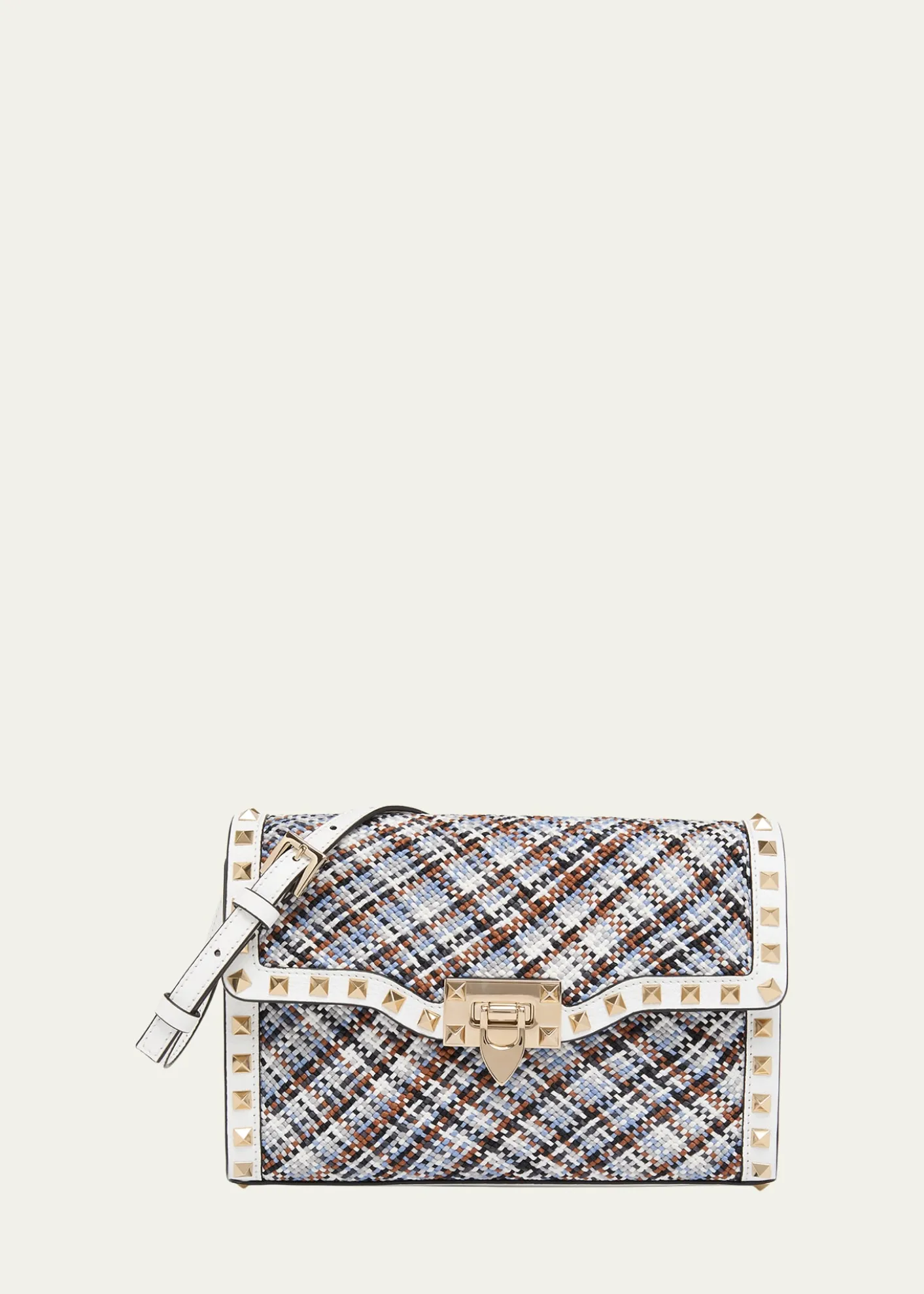 Valentino GaravaniSmall Woven Leather-Trim Rockstud Crossbody Bag