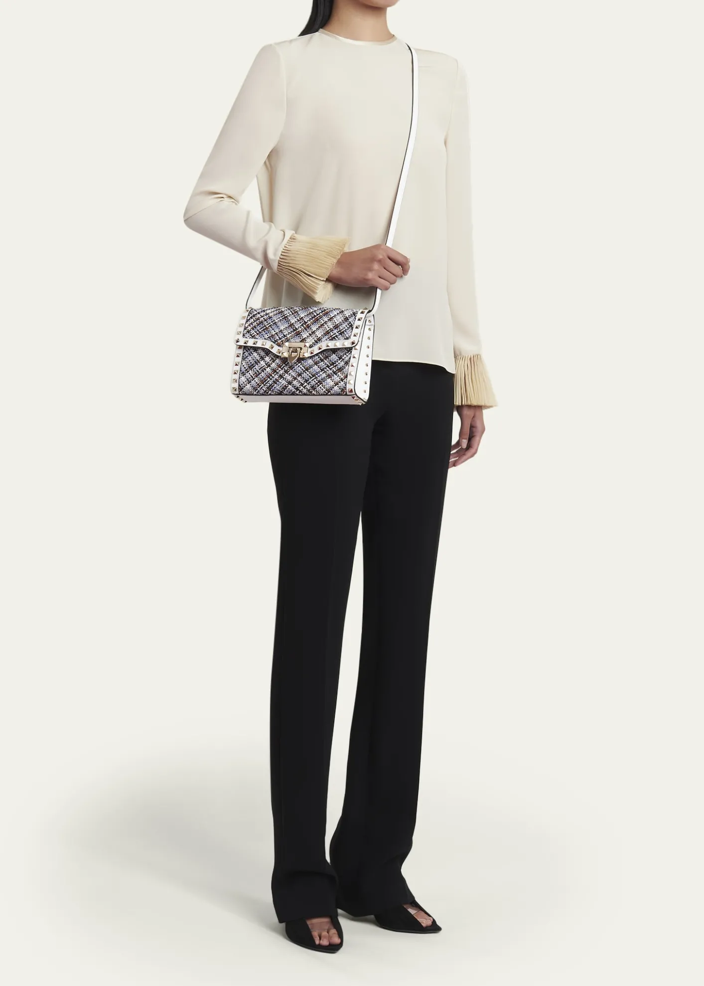 Valentino GaravaniSmall Woven Leather-Trim Rockstud Crossbody Bag