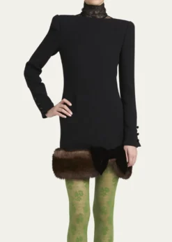 Valentino GaravaniTurtleneck Long-Sleeve Sheep Shearling-Trim Mini Dress