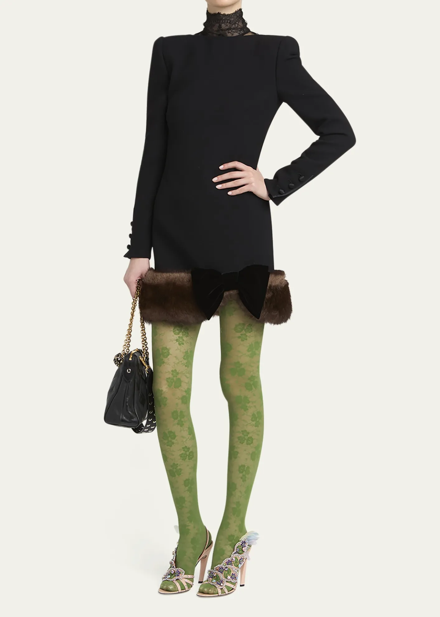 Valentino GaravaniTurtleneck Long-Sleeve Sheep Shearling-Trim Mini Dress