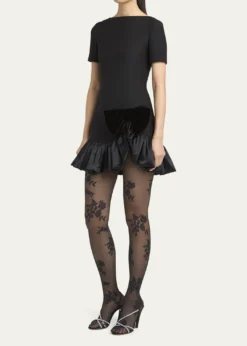 Valentino GaravaniVelvet Bow Ruffle Short-Sleeve Mini Dress