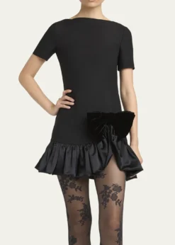 Valentino GaravaniVelvet Bow Ruffle Short-Sleeve Mini Dress