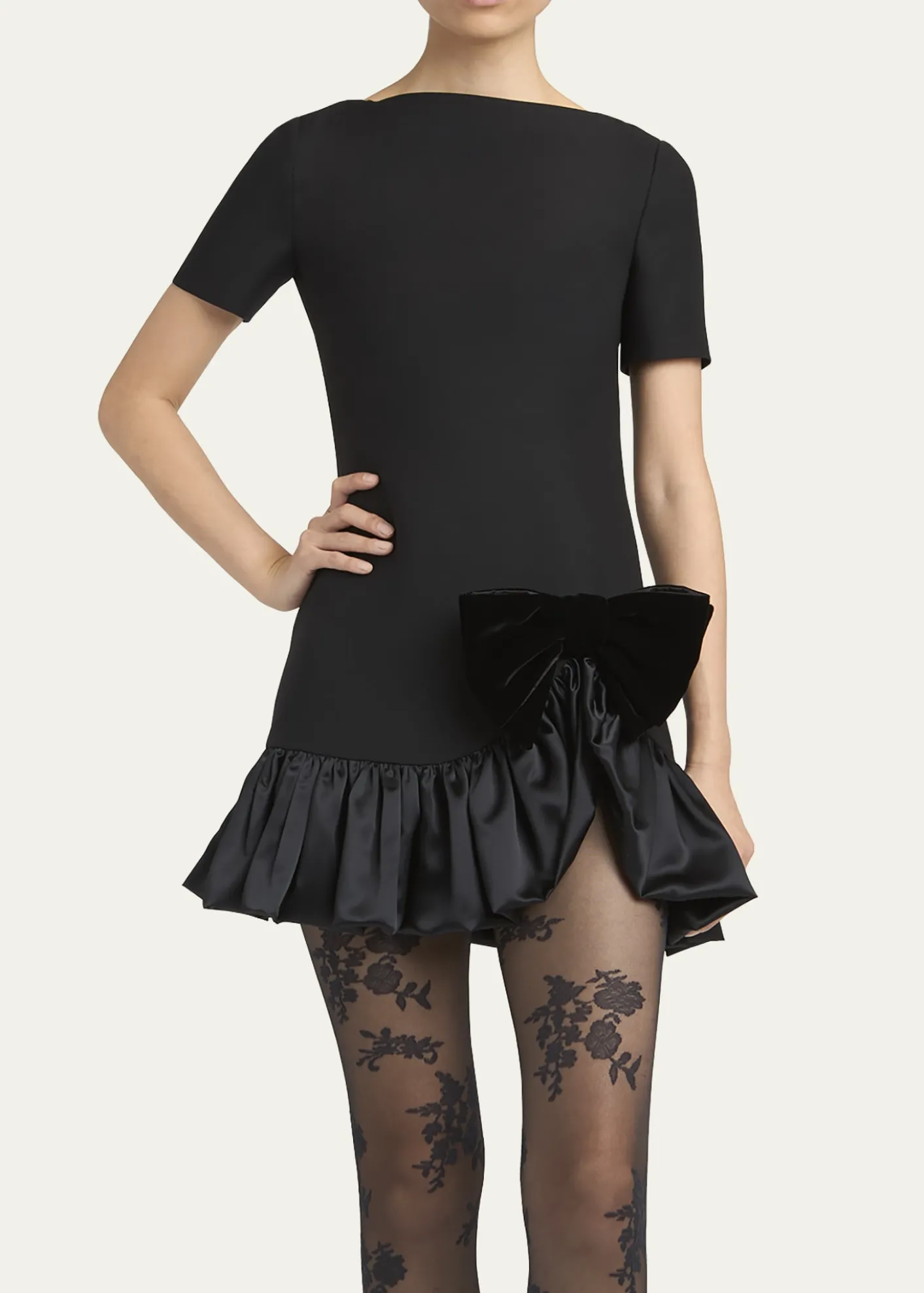 Valentino GaravaniVelvet Bow Ruffle Short-Sleeve Mini Dress