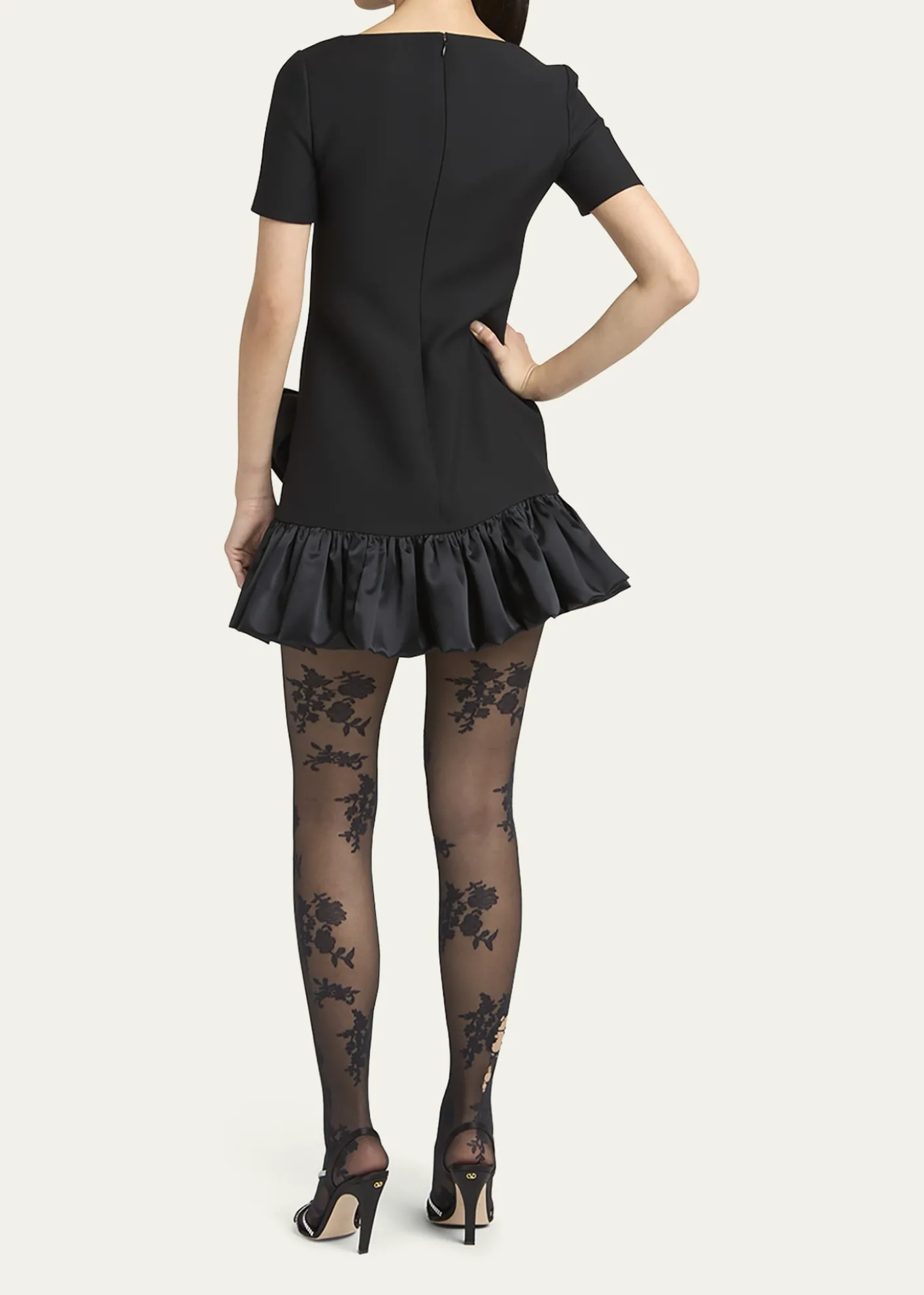 Valentino GaravaniVelvet Bow Ruffle Short-Sleeve Mini Dress