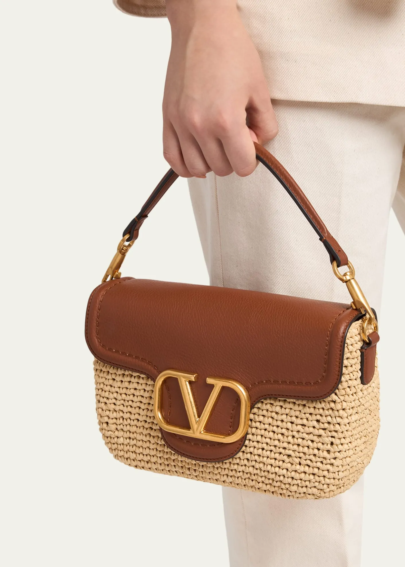 Valentino GaravaniViscose Raffia & Leather Top-Handle Bag