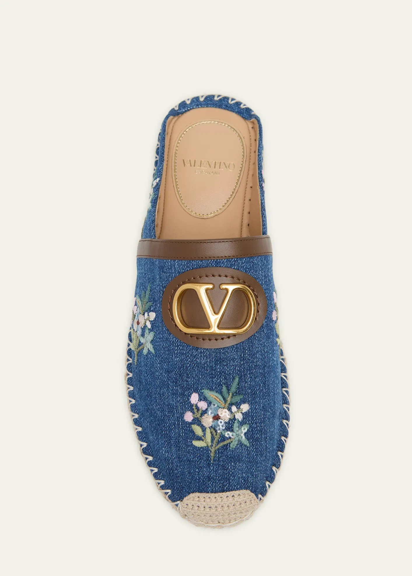 Valentino GaravaniVLogo Floral-Embroidered Denim Espadrille Mules