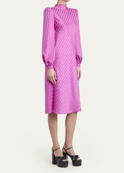 Valentino GaravaniV-Logo Striped Silk Puff-Sleeve Shift Dress