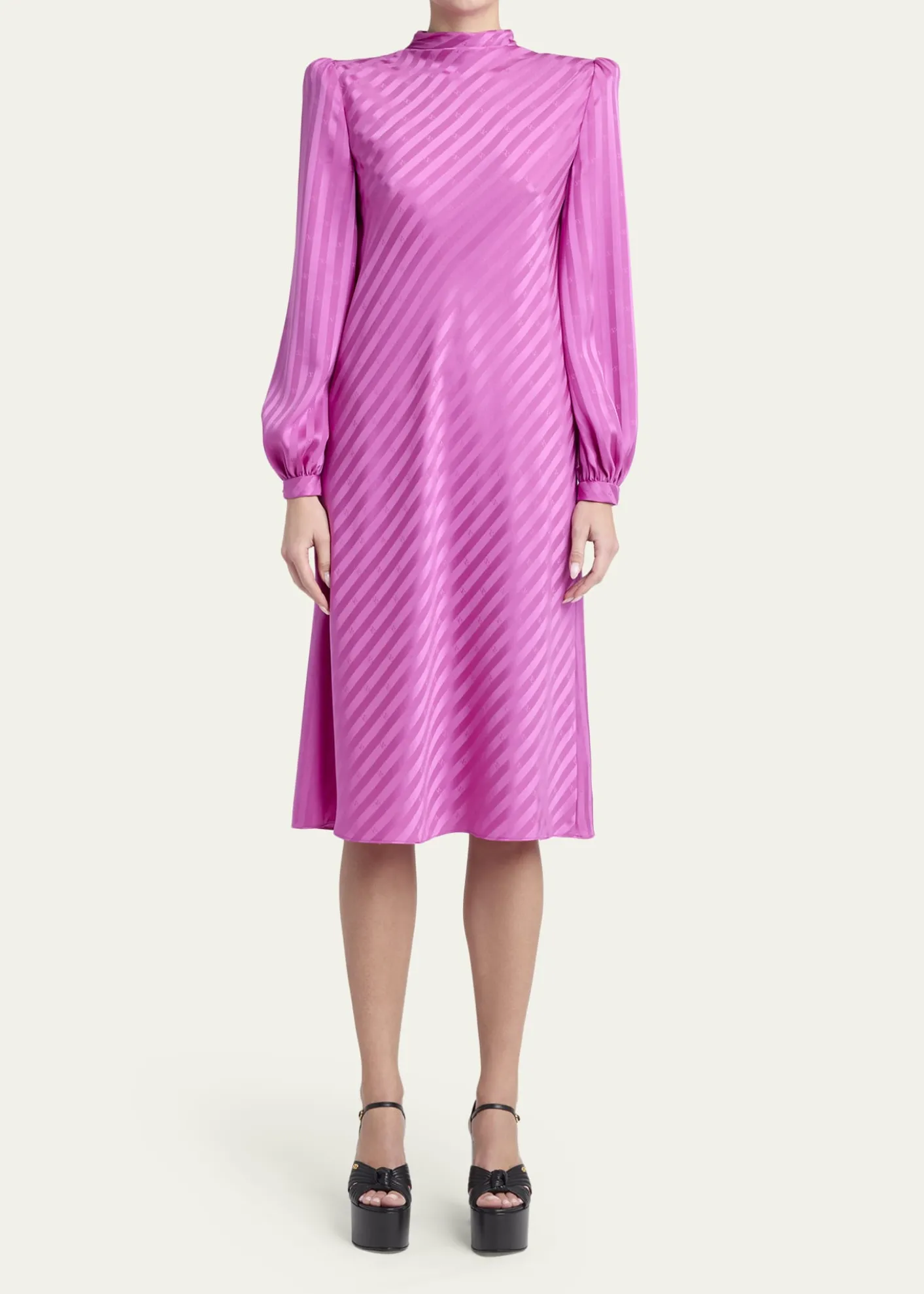 Valentino GaravaniV-Logo Striped Silk Puff-Sleeve Shift Dress