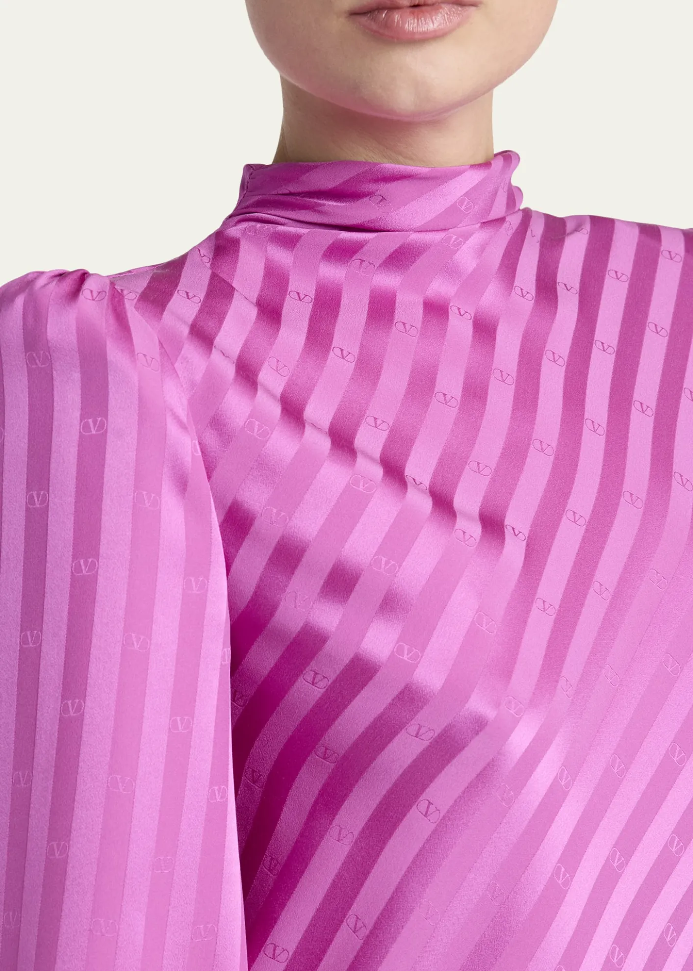 Valentino GaravaniV-Logo Striped Silk Puff-Sleeve Shift Dress