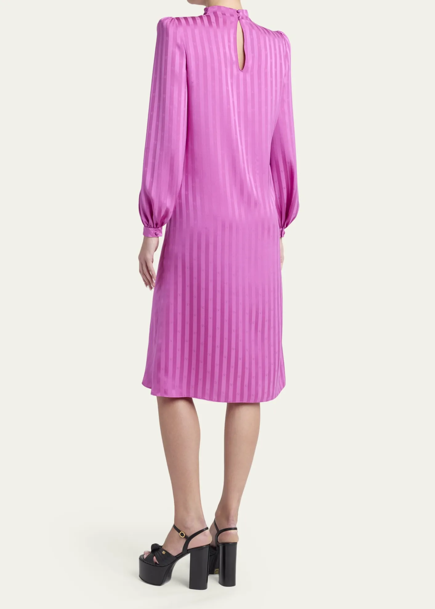Valentino GaravaniV-Logo Striped Silk Puff-Sleeve Shift Dress