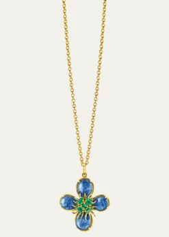 Verdura18K Yellow Gold Sapphire and Emerald Dogwood Pendant Necklace