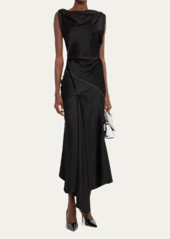 Victoria BeckhamAsymmetric Draped Sleeveless Satin Midi Dress