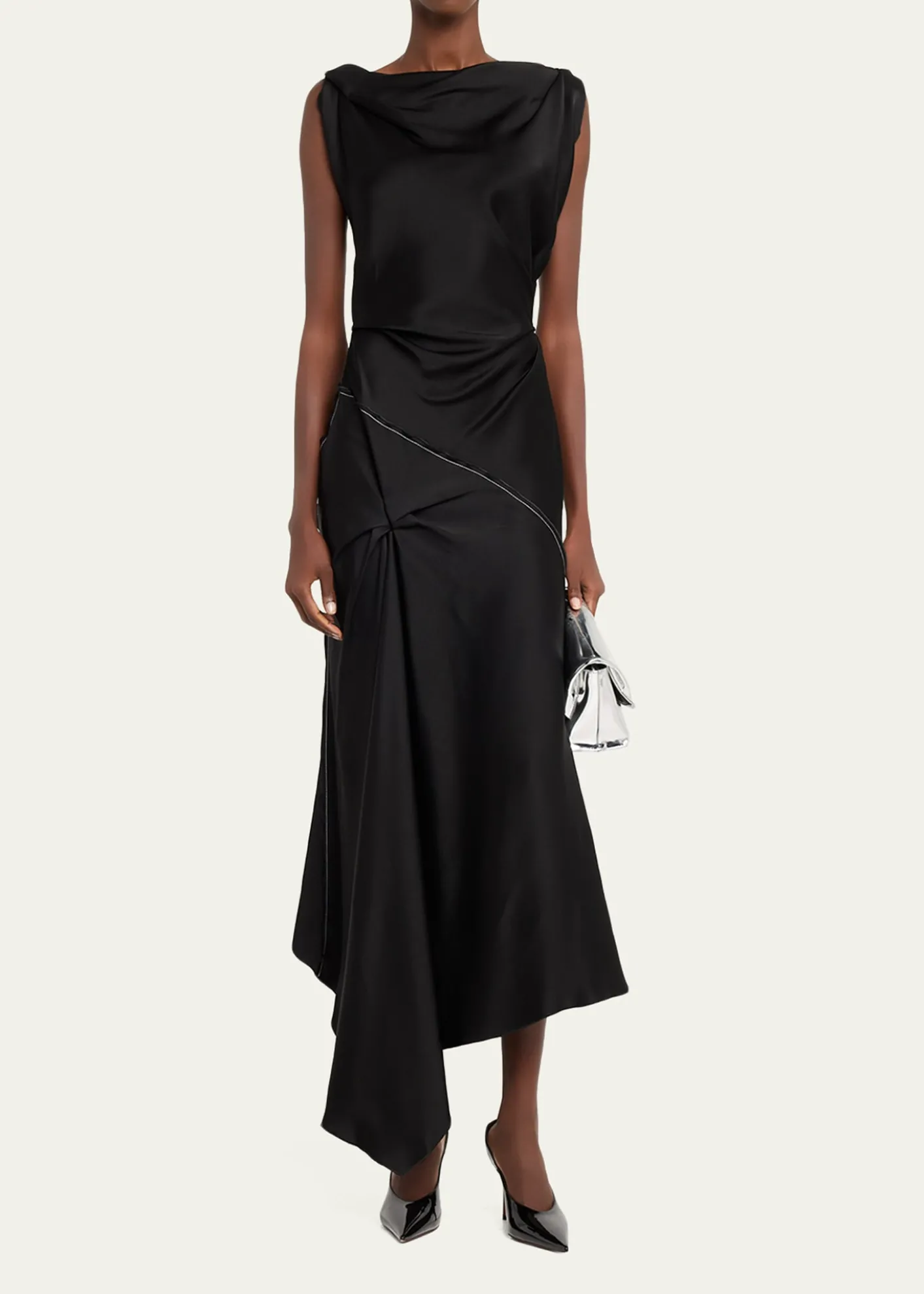 Victoria BeckhamAsymmetric Draped Sleeveless Satin Midi Dress