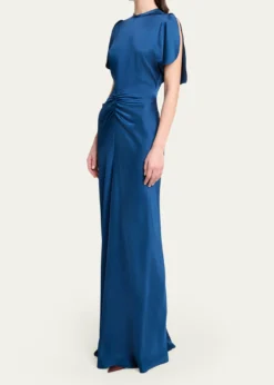 Victoria BeckhamGathered Waist Flutter-Sleeve Satin Gown