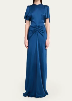 Victoria BeckhamGathered Waist Flutter-Sleeve Satin Gown