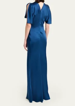 Victoria BeckhamGathered Waist Flutter-Sleeve Satin Gown
