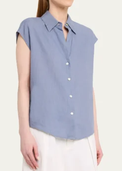 VinceCap-Sleeve Linen Button-Front Blouse