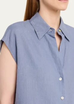 VinceCap-Sleeve Linen Button-Front Blouse