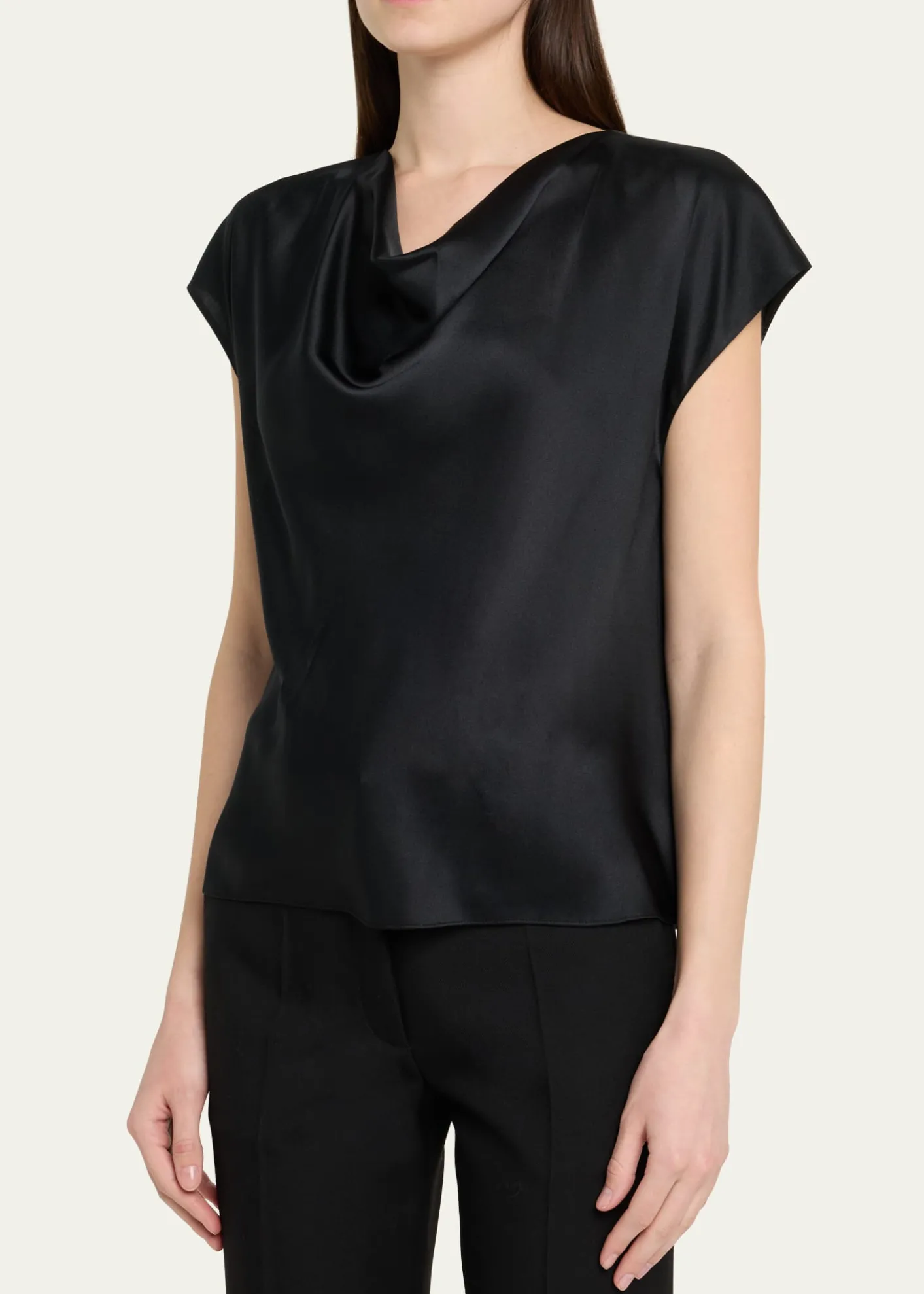 VinceCowl-Neck Cap-Sleeve Satin Blouse