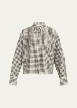 VinceLong-Sleeve Cropped Cotton-Silk Gingham Shirt