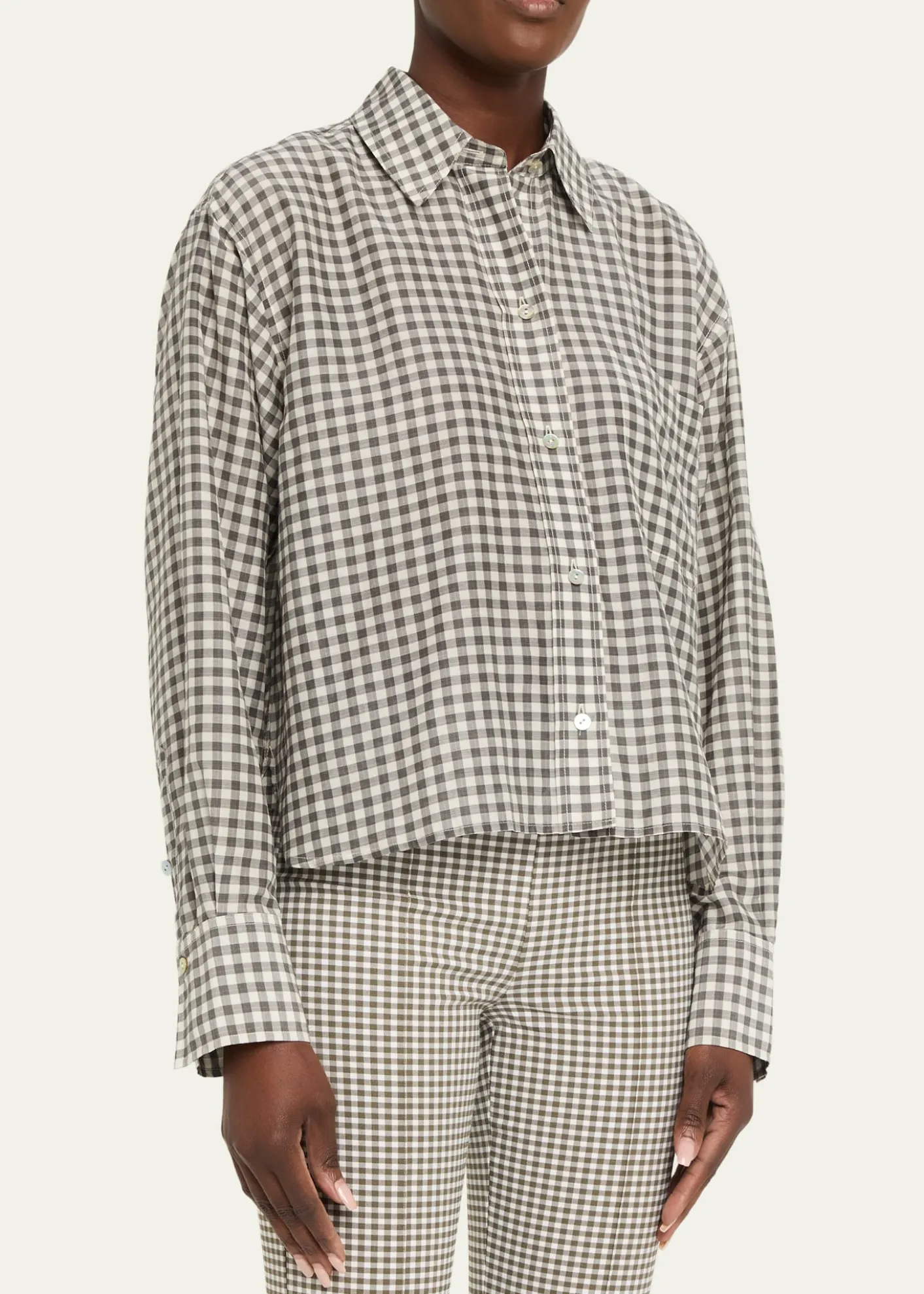 VinceLong-Sleeve Cropped Cotton-Silk Gingham Shirt