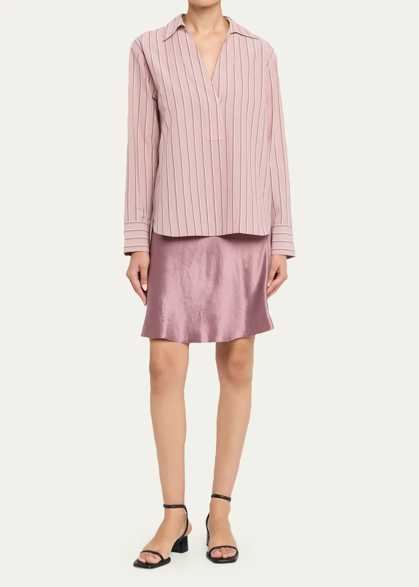 VincePinstripe Long-Sleeve Popover Shirt