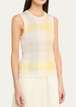VincePlaid Crewneck Sleeveless Top