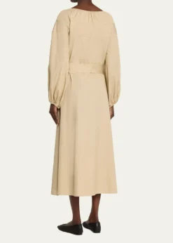 VinceShirred Cotton Belted Tie-Neck Midi Dress