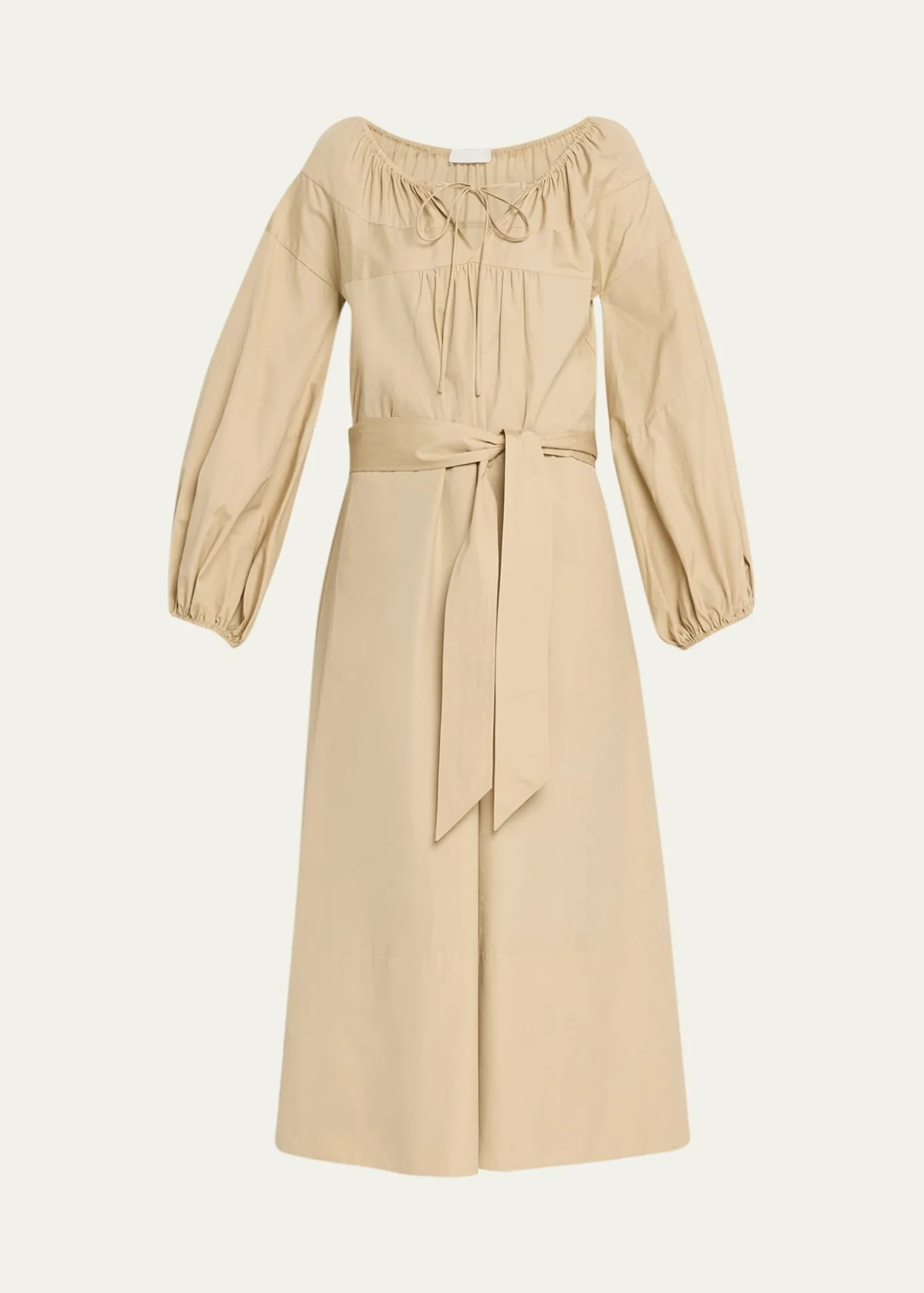 VinceShirred Cotton Belted Tie-Neck Midi Dress