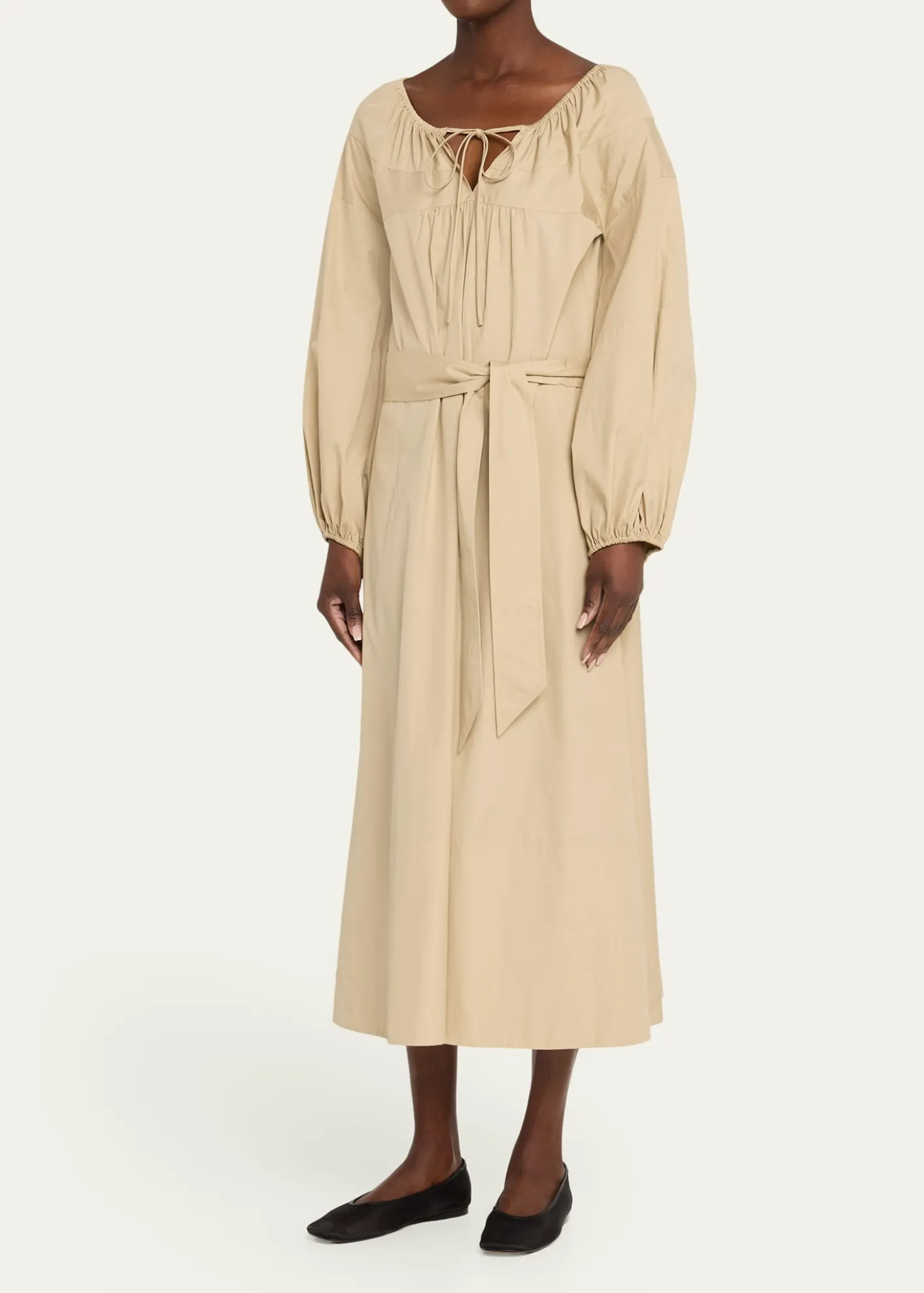 VinceShirred Cotton Belted Tie-Neck Midi Dress