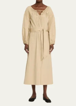VinceShirred Cotton Belted Tie-Neck Midi Dress