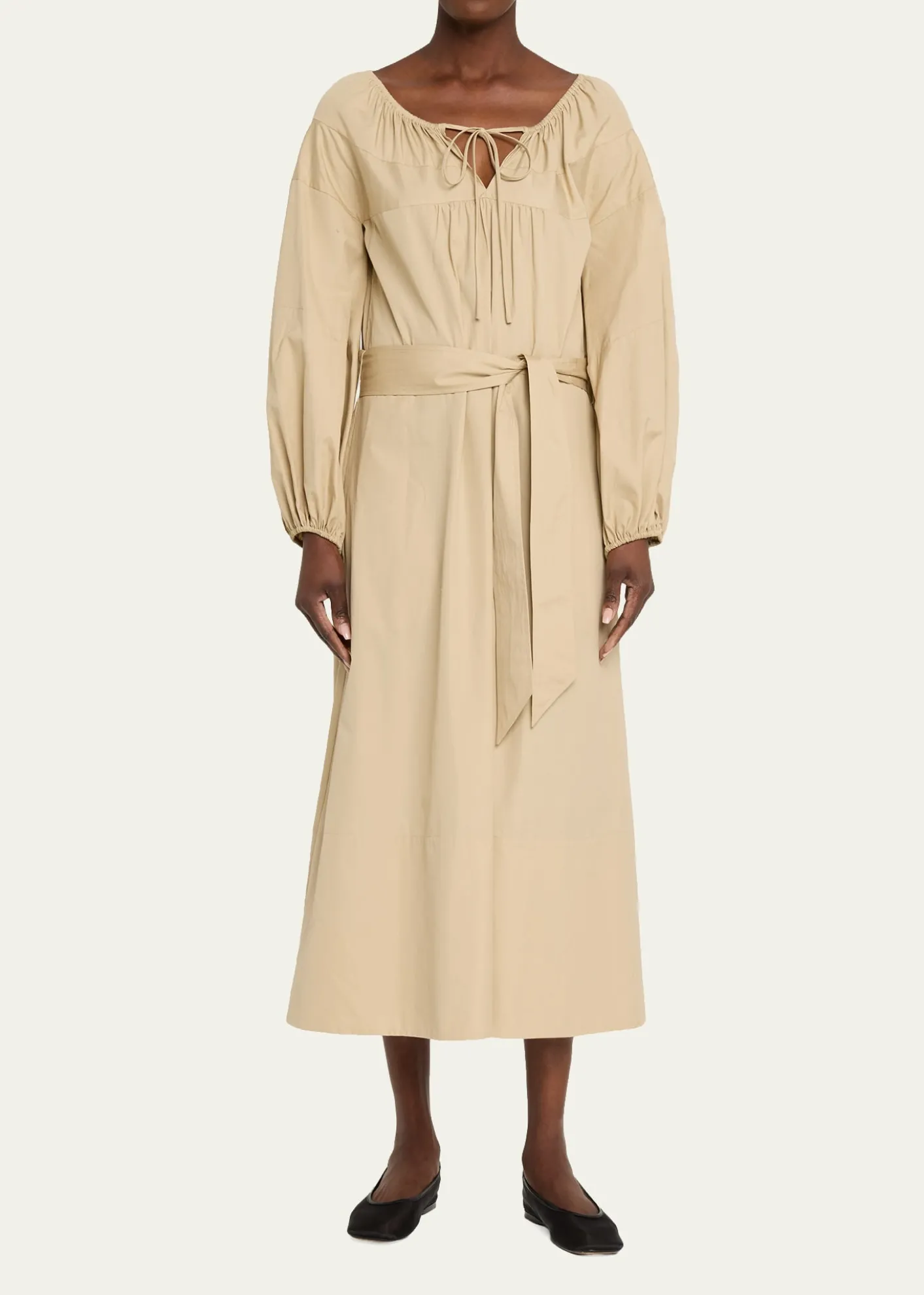 VinceShirred Cotton Belted Tie-Neck Midi Dress