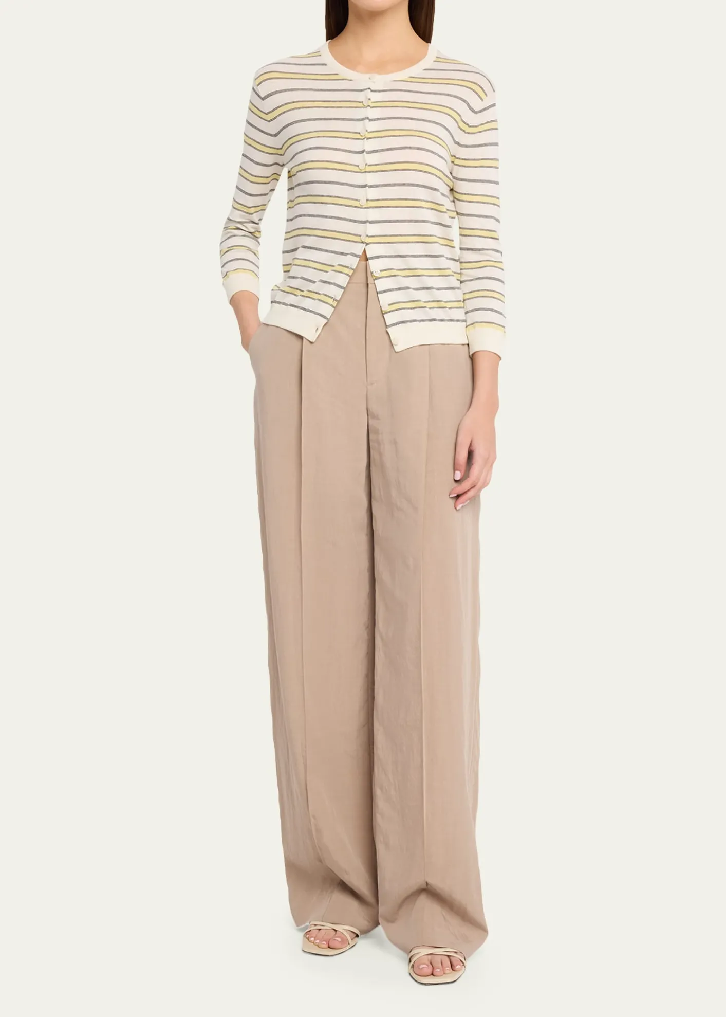 VinceStripe Three-Quarter Sleeve Cardigan