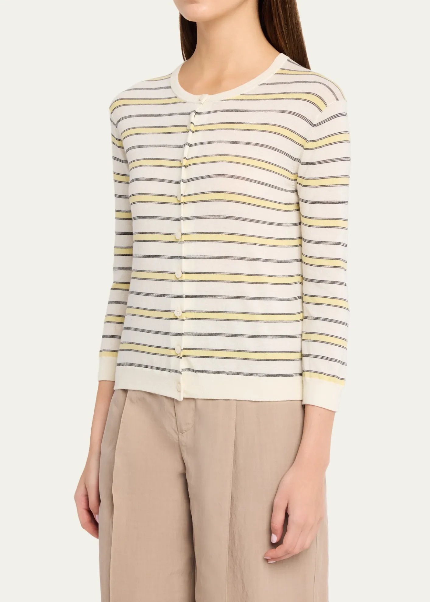 VinceStripe Three-Quarter Sleeve Cardigan
