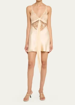 WiederhoeftBlumen Embroidered Satin Mini Slip Dress